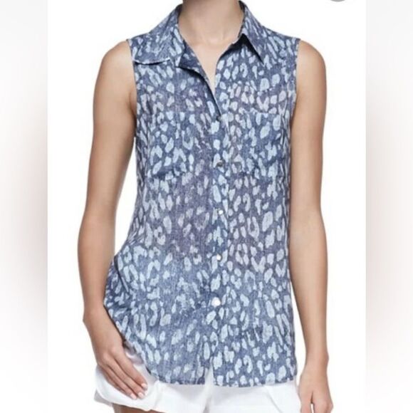 L’AGENCE Sleeveless Snap Front Leopard Print Top Blue - Picture 1 of 9